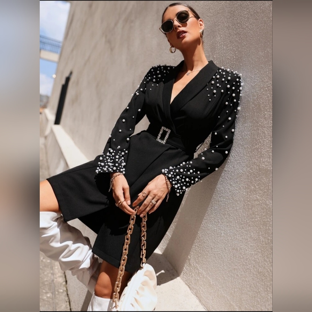 Shawl Neck Pearl Detail Belted Blazer Dress